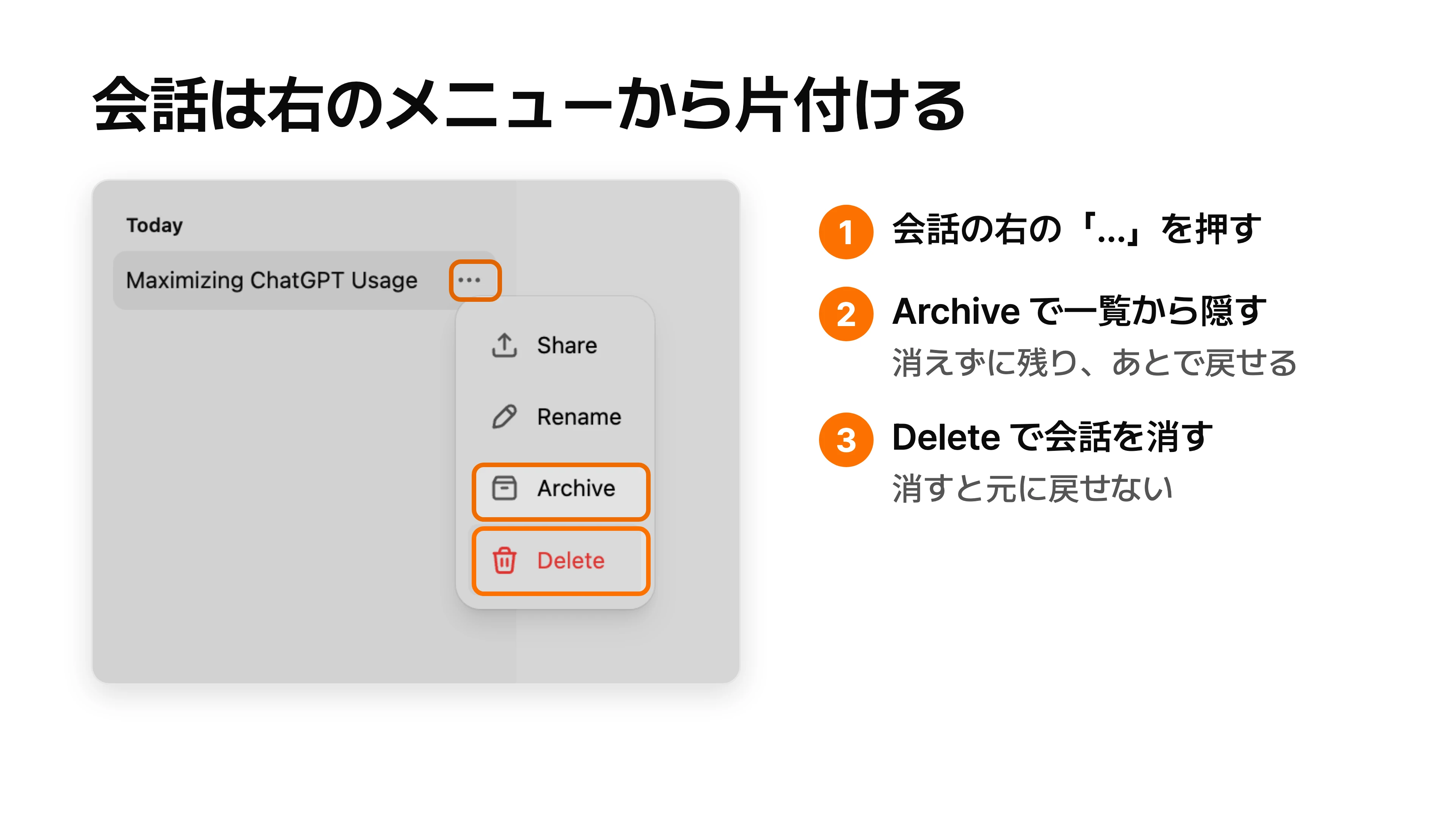 会話の右のメニューから、アーカイブで一覧から隠すか、削除で消すかを選ぶ手順を示した図