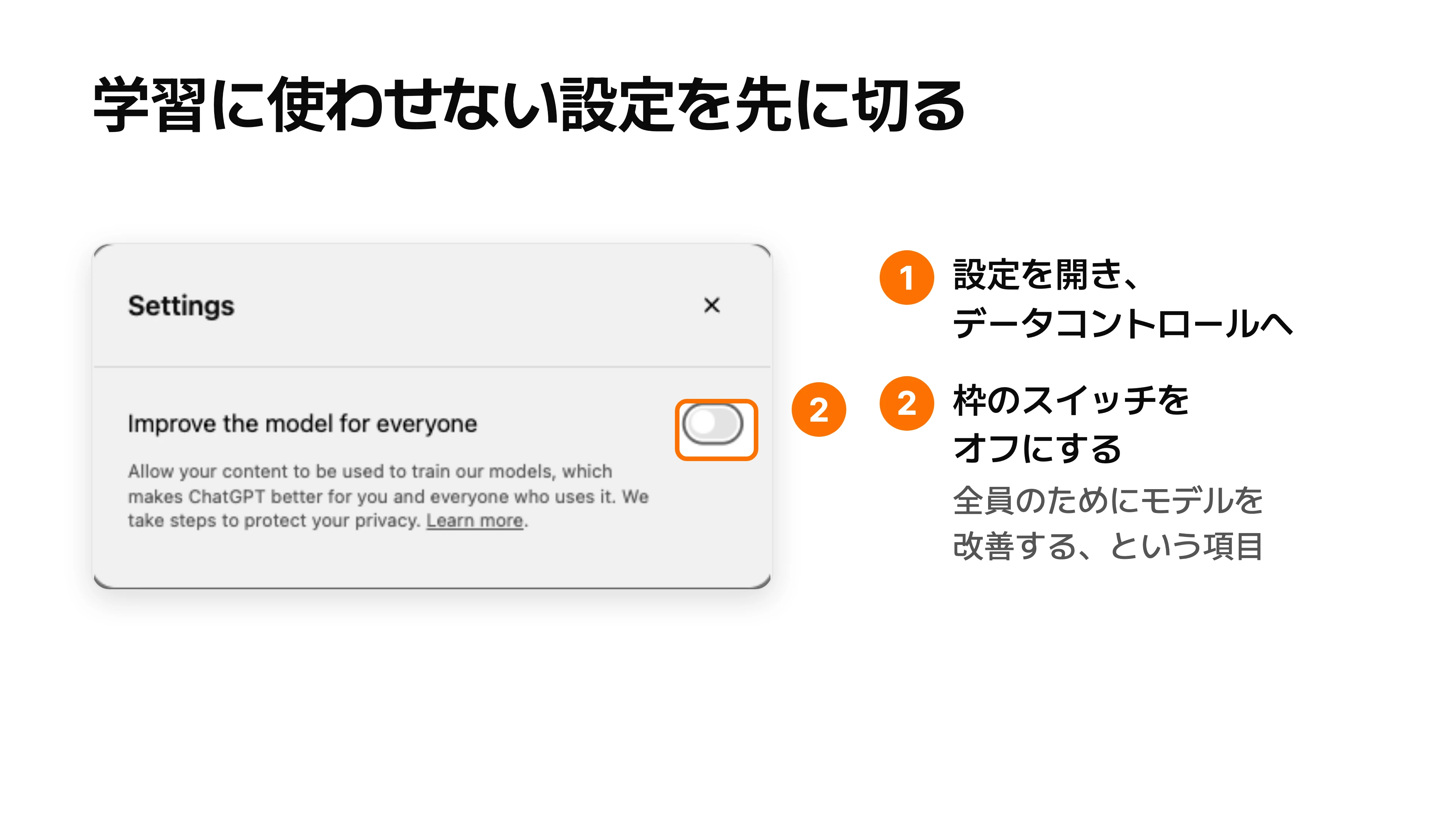 設定のデータコントロールで、全員のためにモデルを改善する項目のスイッチをオフにする手順を、ChatGPT の画面に番号を付けて示した図